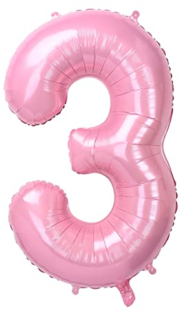 40 Pink Number 3 Balloon for Birthday Party Decorations, Large Self Inflating Helium Foil Number Balloons 0-9 for Age Balloons/Anniversary/Celebration Balloons Decorations
