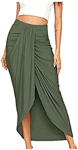 TIMEMEAN Femmes Jupe Maxi Drapée Asymétrique Portefeuille Fente Jupes Mi-Longues Décontractées Plissées Taille Haute De Couleur Unie, TIMEMEANjupe5584, #01armée Verte, M