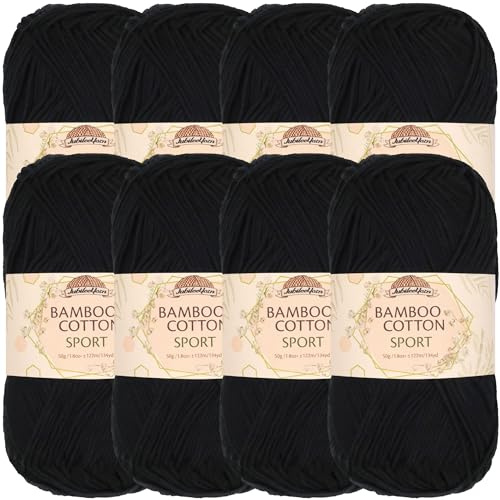 JubileeYarn Bamboo Cotton Sport Yarn - 50g/Skein - Midnight Black - 8 Balls