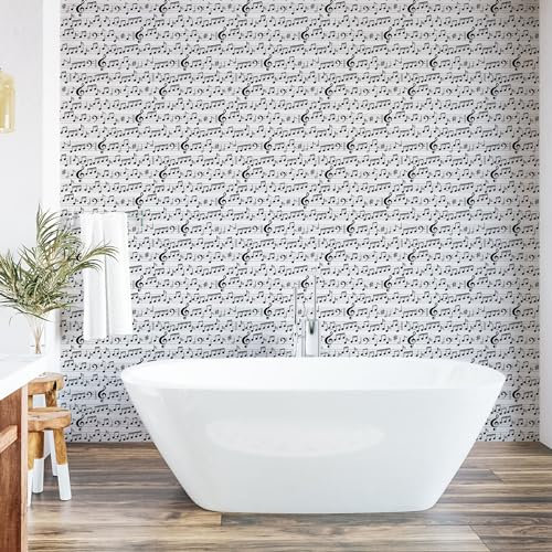 Ambesonne Music Peel & Stick Wallpaper for Home, Abstract Style Professional Pattern Notes and Clef Sheet Play Writing Print, Self-Adhesive Living Room Kitchen Accent, 33 cm x 250 cm, Charcoal