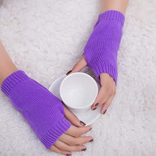 Liyinco Winter Bonbonfarbe Halbfingerhandschuhe Frauen Gestrickte Halbfingerhandschuhe Gestrickte Wolle Warme Handschuhe Schreiben Einkaufen Lesen Fingerlose Handschuhe Lila Einheitsgröße