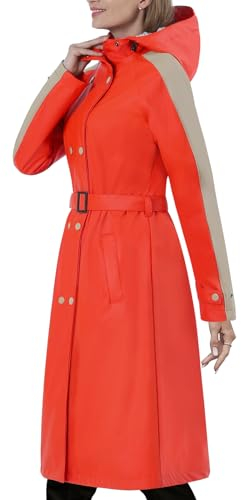 Regenmantel damen lang mit Gürtel und Kapuze Regenjacke damen wasserdicht gefüttert Softshelljacke Friesennerz PU Windbreaker