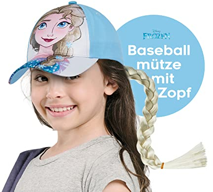 Disney Baseballmütze für Mädchen, Princess Collection, Baumwolle und Polyester, Königin ELSA aus Frozen, Blau, Einheitsgröße Bequeme Mädchen Cap, Mit Abnehmbarer Haarzopf
