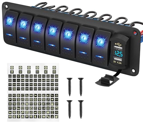 RVBOATPAT 7-Gang-Wippschalter-Panel, Boot, Kippschalter, wasserdicht, mit USB-Ladegerät, Voltmeter, 12 V, 24 V Gleichstrom, für Automobil, vertikal, UTV, LKW