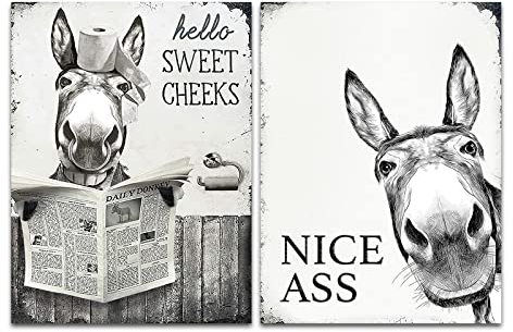 Trayosin Lustige Esel Poster,Bilder Badezimmer Deko, Schwarz-Weiß Leinwand Bilder Wandkunst,Rustikale Stil Wandbilder für Badezimmer Wanddekor Vintage Premium,ohne Rahmen (21x30cm,Esel)