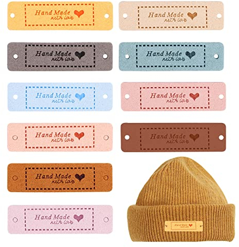 Verpackung von 60 Handmade Labels, Handgemachte Wildleder Etiketten zum Nähen, Lederetiketten mit Löchern, Strickzubehör für DIY Hüte, Kleidung, Nähen, Jeans, Taschen, Strickdekoration (10 Farben)