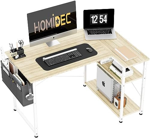 HOMIDEC L Shaped Computer Desk 100CM With Bookshelf - Reversible Corner Study Table for Home Office, Studio, Gaming, Writing Workstation