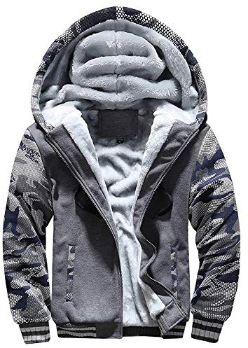 VSUSN Herren Kapuzenpullover mit Reißverschluss, Langarm Kapuzenjacke, Winter Warm Fleece-Innenseite Sweatshirt, Plus Dicke Fleecejacke, Sweatjacke Mit Kapuze(Camouflage&Grau, L)