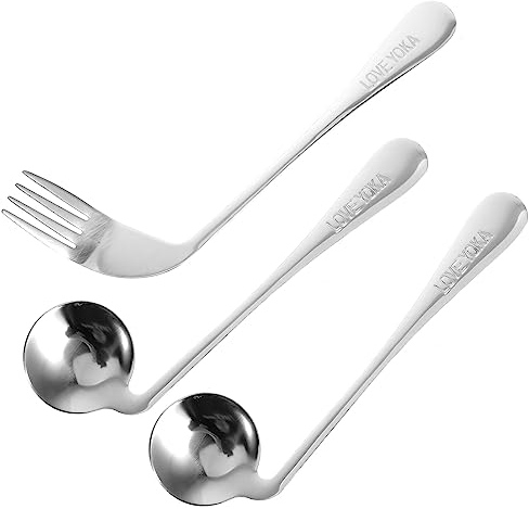 FOMIYES Cubiertos Para Ancianos Mano Izquierda Cuchara Y Tenedor Curvo En Ángulo De Acero Inoxidable Utensilio De Apoyo Para Alimentación De Pacientes En Cama