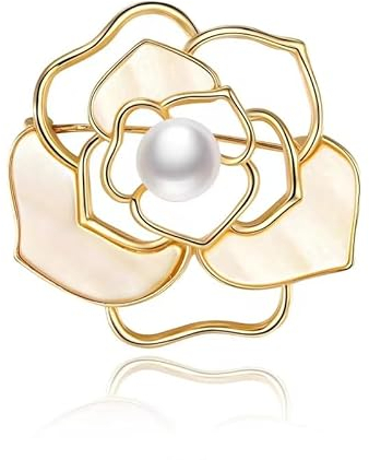 Generisch Broche pour femme en forme de camélia avec strass et perles roses - Accessoire de mode pour mariage, 4 x 4cm, Métal Acrylonitrile butadiène styrène