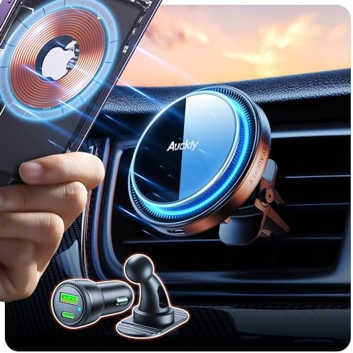 Auckly 15W for MagSafe Car Mount Charger, (1.73kg) Magnetic Wireless for MagSafe Car Phone Holder, Air Vent/Dashboard, for iPhone 12/13/14/15/16 Pro Max Mini Plus etc, +60W Car Charger Adapter, Gray