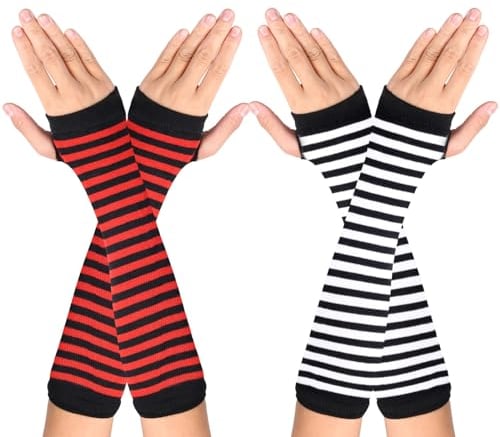 WLLHYF 2 Paar Kaschmir-Feel-Handgelenk-Fingerlose Handschuhe mit Daumenloch Winter-Strick-Fingerlose Handschuhe Armstulpen Fäustlinge für Damen und Herren (Schwarz-Weiße Streifen + Rote Streifen)