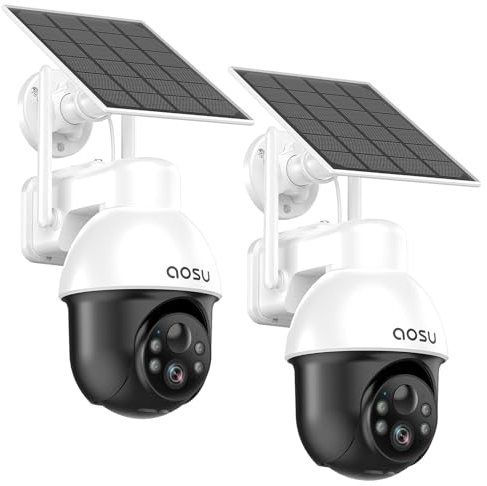 AOSU 3K Überwachungskamera Aussen Akku Solar, 5MP Kabellose WLAN-Überwachungskamera für den Außenbereich zur Haussicherheit, 360° Panoramisches PTZ, Automatische Verfolgung, Nachtsicht, 2 STK