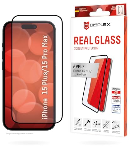 Displex Full Cover Schutzglas (10H) für Apple iPhone 15 Plus/15 Pro Max, Eco-Montagerahmen, volle Displayabdeckung, Tempered Glas, kratzer-resistente Schutzfolie, hüllenfreundlich