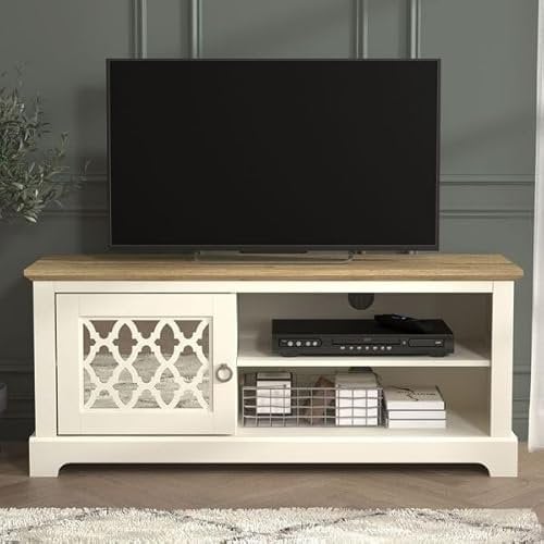 Galano Novara TV Stand Cabinet – 119cm Entertainment Unit with Door – Fits up to 50 TV – Storage Furniture for Living Room (Ivory/Oak)