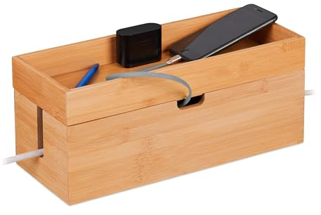 Relaxdays Kabelbox für 2 Steckdosenleisten, Bambus, Kabelkiste mit Ablage, HBT: 14 x 34 x 14 cm, Kabel verstecken, Natur