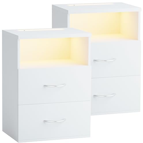 CASARIA® 2X Mesitas de Noche Luz LED Táctil Regulable 2 Cajones 40x28x55cm Mesa Auxiliar Dormitorio Salón Blanco