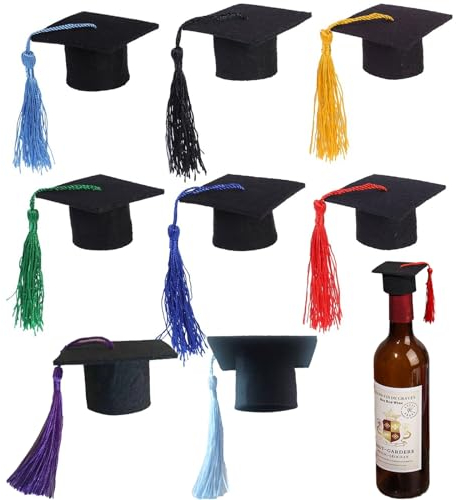 KEELYY Weinflasche Deko Doctor Hut Form mit Quasten, 8 Pcs Mini Doktor Bachelor Hut Abschlusskappen Studenten Hat Weinverschluss Kleiner für Graduation Party