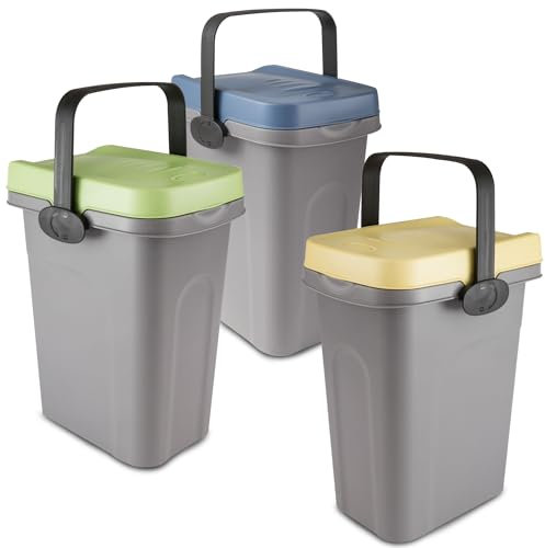 3x 7 Liter Windeleimer Geruchsdicht Blau Gelb Grün, Biomülleimer Küche, Bio Mülleimer Klein verschließbar, Komposteimer Küche, Biomüll Eimer mit Deckel, Abfalleimer, Kleiner Mülleimer mit Deckel