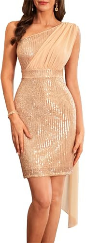 GRACE KARIN Robe de soirée à paillettes pour femme - Robe moulante à une épaule, rose gold, 44