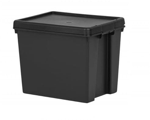 24L Heavy Duty Storage Boxes with Lids, 100% Recycled Plastic, Stackable Nestable Durable Strong Lid snaps into place and features holes to add tie-wraps for added security for Home & Office Storage