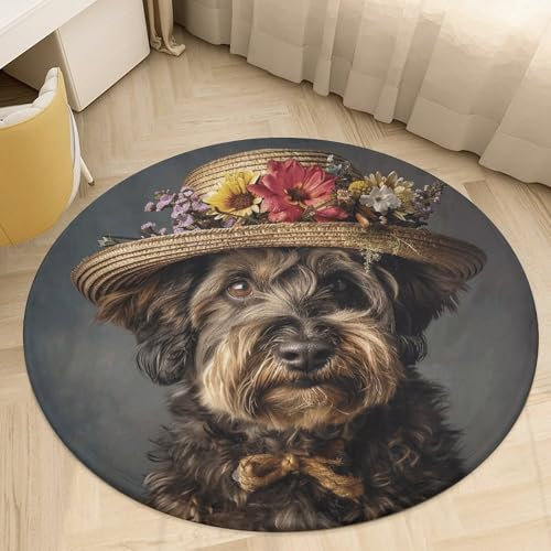 Round Area Rugs for Living Room, Washable Boho Round Rug for Dining Room Table, Non-Slip Circle Floor Mat Wearing A Straw Hat Carpet for Bedroom Office Bathroom Mat 80 * 80cm