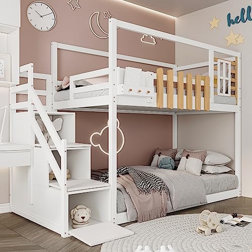 Rtopsu Letto a Castello per Bambini 90x200 cm, Letto a Soppalco con Scala e Cassetti Contenitore, Telaio del Letto per Ragazzi con Rete a Doghe e Protezione Anticaduta, Bianco, Senza Materasso