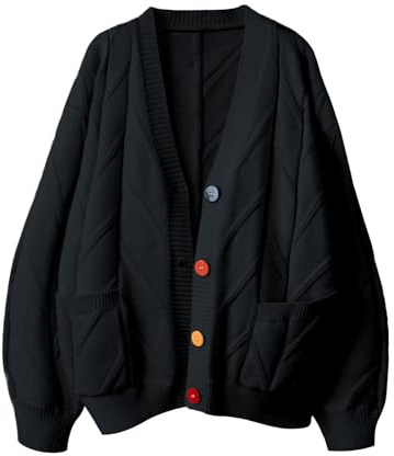 ebossy - Cardigan da Donna a Maglia, a Maniche Lunghe, Aperto sul Davanti, con Scollo a V e Bottoni, in Misto Lana, Z-Nero, XS