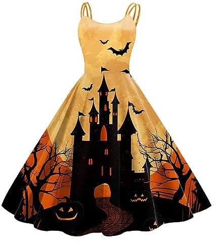 Halloween-Bedruckte Vintage-Cocktailkleider für Damen, geeignet für Damen, ärmellos, Knielang, Retro-A-Linie, ausgestelltes Swing-formelles Abschlussball-Partykleid Kleider Größe 48 Damen (Gold, XL)