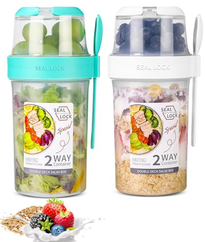 SinLaw Portátil Taza de Cereales 310+560 ml, Diseño de doble sello,2 en 1 Vasos yogurtera,Puede ser reutilizado,Vaso Cereales para Llevar (White+Green(310ml+760ml)