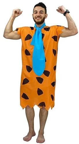 Koongso Erwachsene Höhlenmensch Fred Kostüm Herren prähistorische Steinzeit Orange bedruckte Tunika Halloween Rollenspiel Verkleidung Karneval Geburtstag Familie Party Outfits