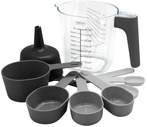 NERTHUS FIH 1382 Set de 9 Piezas: 8 Cucharas Medidoras y Jarra 1L - Plástico Libre de BPA, Ideal para Medir Ingredientes Líquidos y Secos en Cocina