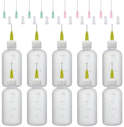 FIHODONE 10 Stück Dosierflasche, Nadelflasche, Leimflasche, 100ml Dosierflasche für Nähmaschinenöl, Applikatorflasche mit Dispensing Feine Nadeln für Bastelkleber, DIY Handwerk, Acrylmalerei