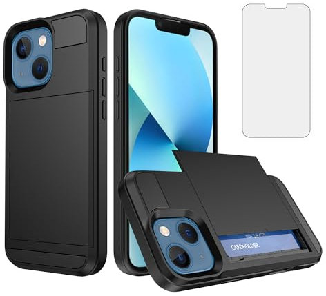 Asuwish Phone Case for iPhone 13 Mini 5.4 inch with Screen Protector Cover and Card Holder Hybrid Full Body Protective Shockproof Cell iPhone13mini i-Phone 13minicase i iPhone13 13mini Women Men Black