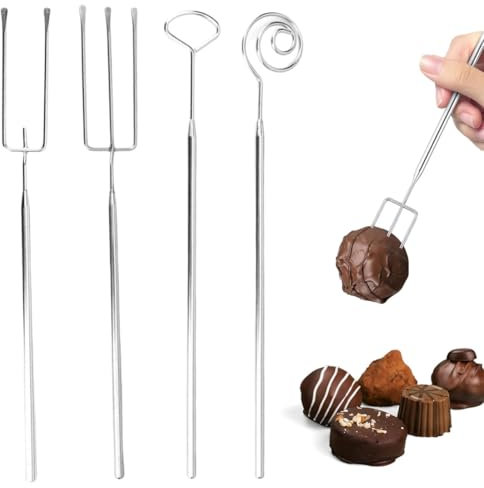 NHQZ Juego de tenedores para chocolate, 4 piezas, cubiertos de acero inoxidable para hacer bombones caseros, tenedor en espiral y tenedores para mojar y colocar, fácil de limpiar