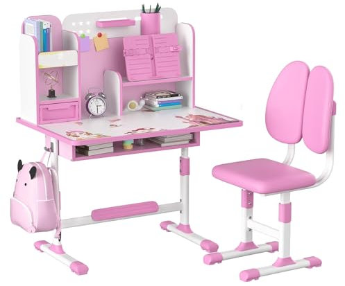 RRXIMHTT Kinder-Funktions-Schreibtisch-Stuhl-Set, höhenverstellbarer Kinder-Schul-Schreibtisch mit Burglehne, erweitertem Schreib, Buchständer und Speicherschublade (PINK-G)