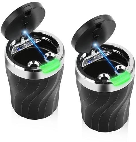 Cenicero para coche Daakro con tapa, cenicero de bolsillo con luz LED, portátil, de acero inoxidable, sin humo, para coches Van (2 unidades)