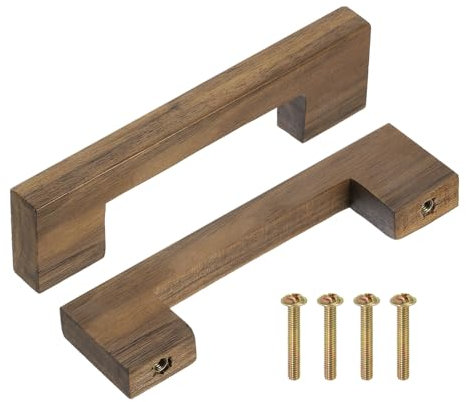 sourcing map 2Pcs Wood Drawer Pulls, 4 Inch Hole Center Square Wooden Drawer Pulls Cabinet Handles with Screws for Kitchen Dresser Wardrobes Door Cupboard, Dark Walnut