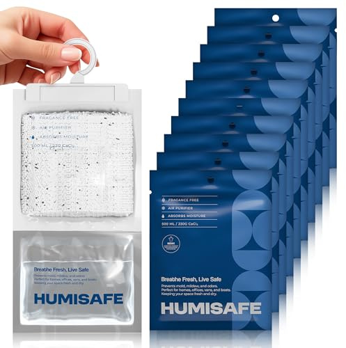 HUMISAFE Pack x10 2,3KG Bolsas Antihumedad Armarios | Antihumedad Habitacion | Absorbe Humedad | Deshumidificador Percha Colgante | Quita Moho, Olores y Humedades. Calidad Europea.