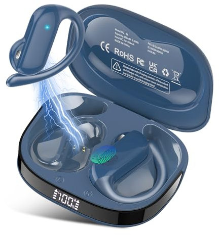 DUSONLAP Cuffie Bluetooth Sport, Auricolari Bluetooth 5.4 con Stereo HiFi, 32 Ore IP7 Impermeabili Open Ear Cuffiette Bluetooth con Display LED, Auricolari Cancellazione Rumore con Comandi Touch, Blu