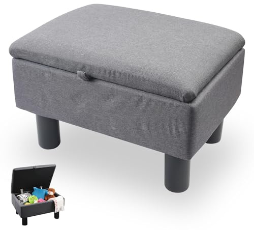 Gemsaya Fußhocker mit Stauraum | Leinenstoff-Pouf mit Deckel und Holzbeinen | Gepolsterter Sitzhocker, Aufbewahrungsbox und Sitzwürfel für Wohnzimmer, Schlafzimmer und Flur, Grau