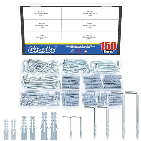 GLARKS Lot de 150 crochets à vis M2.8/3.7/3.8 argentés en forme de L avec kit de boucle de sécurité, comprend 75 crochets à angle droit, 75 tubes d'extension en plastique, crochet autotaraudeuse à