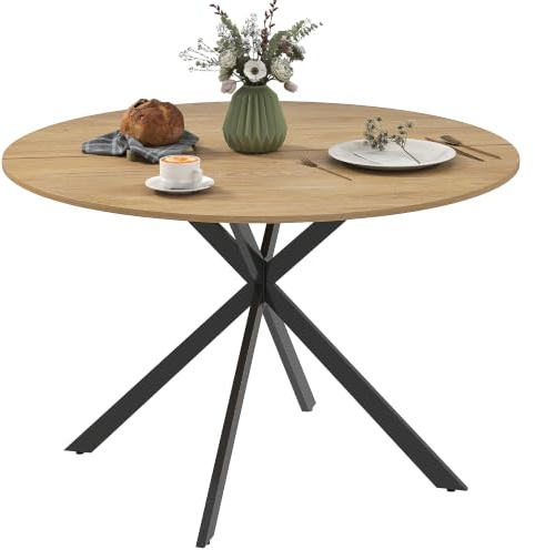 HOMCOM Table à Manger Ronde pour 4 Personnes Industriel Ø 120 cm Chêne | Table de Cuisine, Plateau Aspect Bois, Piètement Croisé en Acier