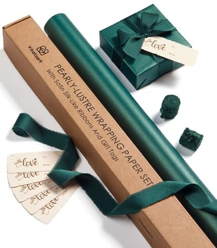 Vitalizart 76 cm x 5 m Dunkelgrünes Geschenkpapier mit Grünes Geschenkband | Geschenkpapier Set mit Geschenkanhänger Recycelbar, Perlglanz Papierrolle für Weihnachten Geburtstag Hochzeit Geschenk