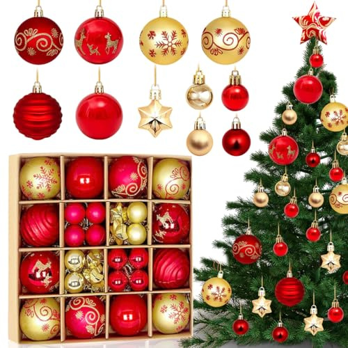 44 Piezas Bolas Arbol de Navidad, Juego de Bolas de Navidad Rojo y Dorado, Adornos de Bolas de Navidad Plastico con Cordón, Adornos Navideños Colgantes para Boda Cumpleaños Fiesta