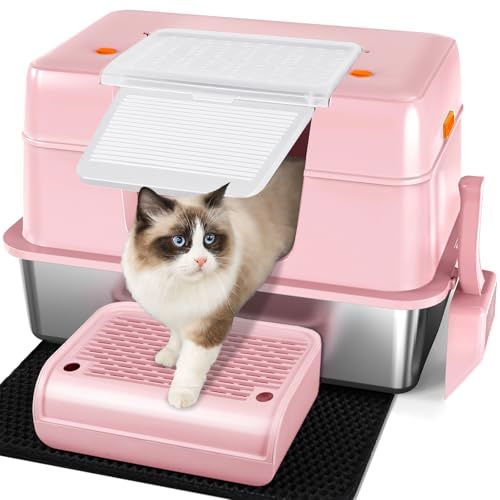 Vivifying Stainless Steel Cat Litter Tray with Scoop, Step and Mat (Pink) | XXL High-Sided, Removable Metal Enclosed Stainless Steel Cat Litter Box