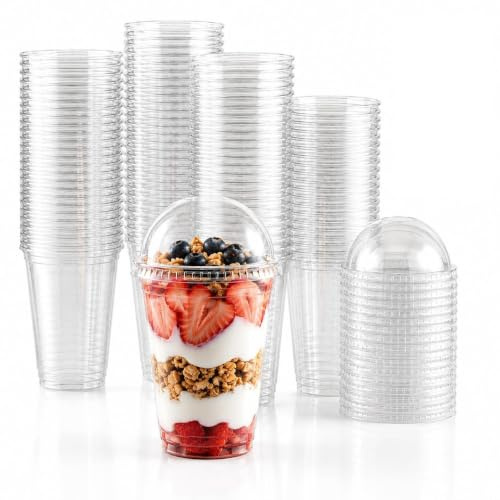 E Greenwize Packaging Smoothie Cups 12oz with Lids and Straws, Clear Disposable Plastic Cups, Pack of 50, Reusable Cold Drink Cups for Iced Coffee, Juice & Milkshakes