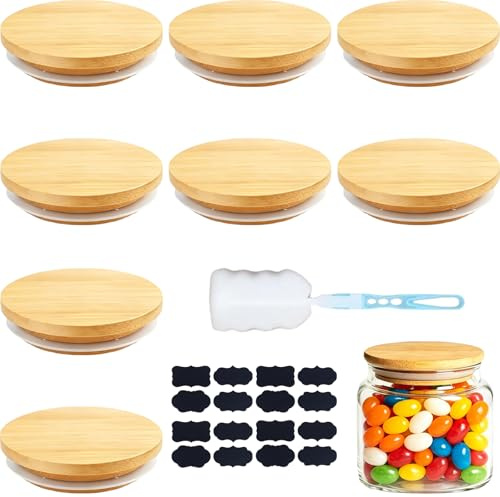 ROVENLIFEGO 8 Pcs Bamboo Lids for Gü Pots, Gu Pot, Yogurt Jars, Cheesecake Jars – Silicone Sealing Ring, Airtight Reusable Glass Storage Can Lids – Bonus 16 Stickers & 1 Cleaning Sponge