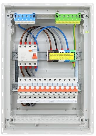 RSE Unterverteilung verdrahtet Sicherungskasten Unterputz Aufputz Hohlwand mit Hager Leerverteiler, Unterputz 2-reihig VU24NC, 1x FI 4-pol. + 1x 3pol + 9x 1pol LS B16A, ohne Überspannungsschutz