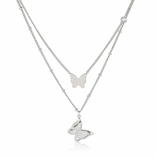 SAGA GIOIELLI Collana Donna doppia farfalla con punto luce in cristallo - Acciaio Inossidabile – Collana due fili Regolabile – Idea Regalo Fidanzata Moglie Mamma